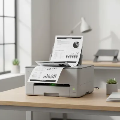 A compact Brother HL-L2460DW monochrome laser printer on a minimalist desk, printing documents quickly with a stack of papers emerging.