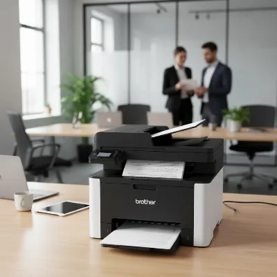 Brother laser printer in a modern office setting, showcasing speed and efficiency