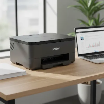 A compact Brother HL-L2350DW monochrome laser printer on a modern office desk, next to a laptop and a stack of paper, highlighting its small footprint and suitability for a home or small office environment.