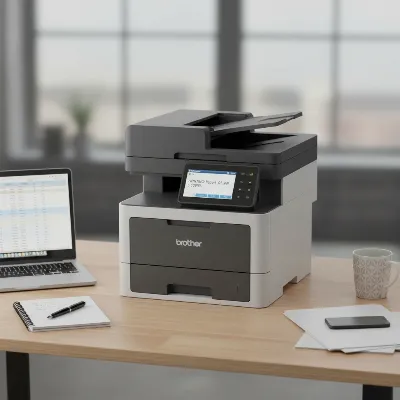 A Brother MFC-L8905CDW color laser multifunction printer on an office desk, illustrating heavy-duty business use and advanced features.