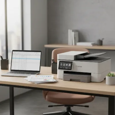 A Canon Color imageCLASS MF644Cdw laser printer on a modern office desk with a laptop and papers, showcasing its compact design and functionality in a contemporary workspace. Angle: slightly elevated, natural light, realistic style.
