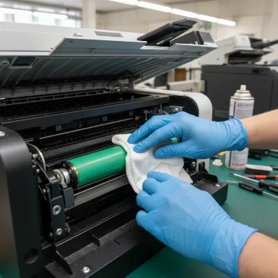 A person cleaning the interior of a laser printer with a lint-free cloth