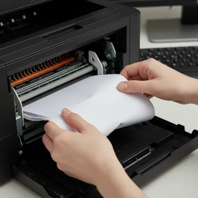 Hands gently removing a piece of jammed paper from the internal mechanism of a laser printer.