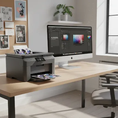 A color laser printer in a modern graphic design studio with design mockups and a computer screen.