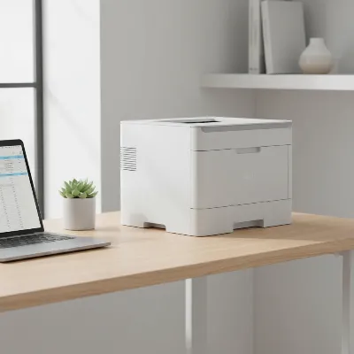 A sleek, compact color laser printer sitting on a modern home office desk with a laptop and a plant.