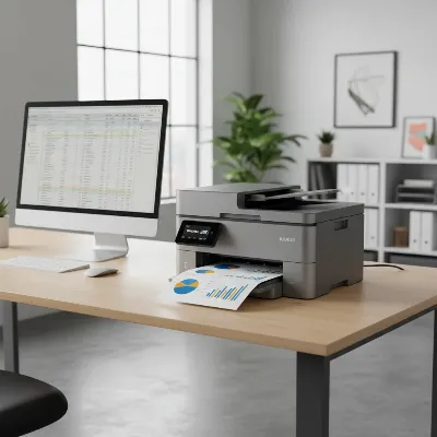 A modern color laser multifunction printer in a bright, organized office environment, printing vibrant charts.