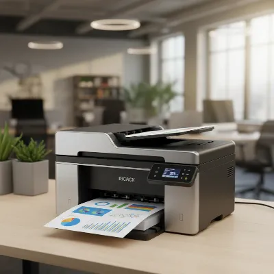 A modern color laser printer actively printing a document with vibrant graphics in an office setting.