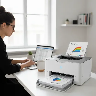 A compact color laser printer in a modern small business office setup, with a professional looking document being printed