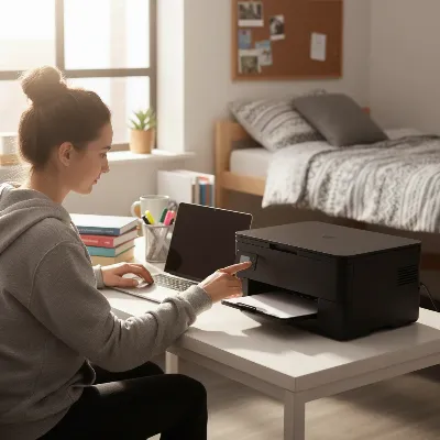 A student efficiently uses a compact multifunction laser printer in a neatly organized dorm room.