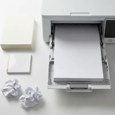 Various paper types and a correctly loaded paper tray in a laser printer to prevent jams.