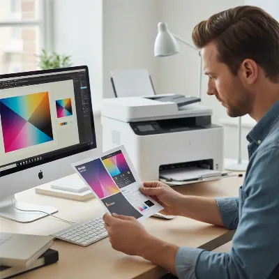 A graphic designer reviews a printed color document from a laser printer in a modern office, focusing on color accuracy.