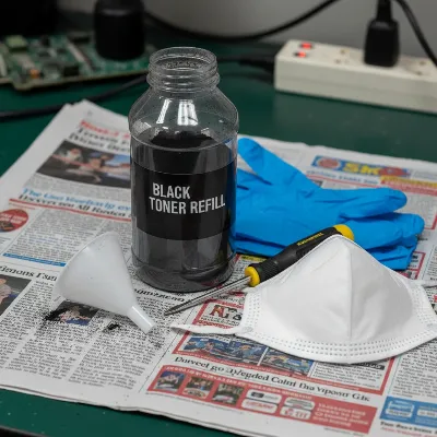 A DIY toner refill kit with gloves, mask, toner bottle, and tools on a messy workbench.