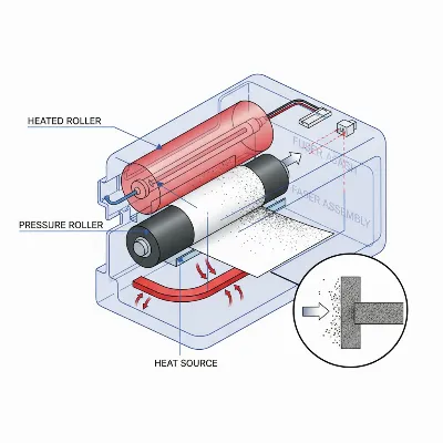 A detailed view of a laser printer's fuser unit with rollers