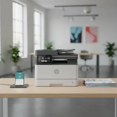 An HP Color LaserJet Pro MFP 4301fdw on a minimalist modern office desk, showcasing its powerful all-in-one capabilities and sleek design.