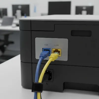 Close-up of the back of a laser printer showing USB and Ethernet ports, illustrating direct wired connection options.