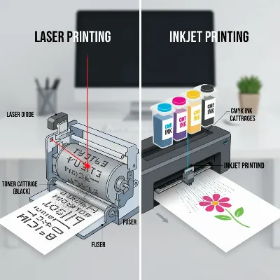 A side-by-side conceptual comparison of laser and inkjet printer technologies, showing a laser beam and toner on one side and liquid ink droplets spraying on paper on the other, in an illustrative, modern infographic style.