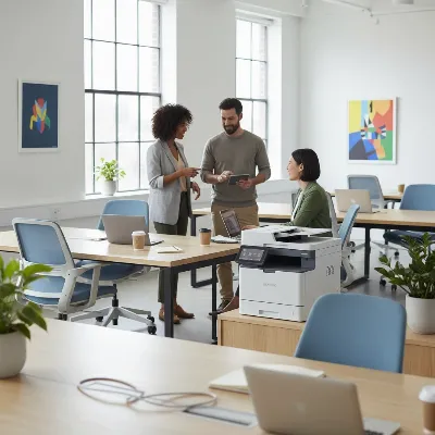 Lexmark MB3442adw multifunction laser printer in a modern open-plan office, with people collaborating nearby, emphasizing its suitability for workgroups.