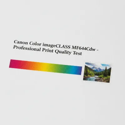 Close-up of a printed color document showcasing sharp text and vibrant graphics produced by the Canon Color imageCLASS MF644Cdw, emphasizing its print quality. Angle: close-up, bright studio lighting, realistic product photography style.