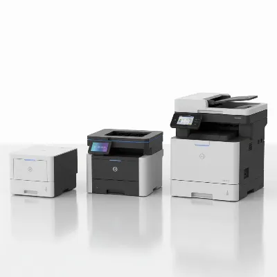 Visual comparison of different types of laser printers: monochrome, color, and all-in-one models