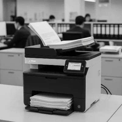A fast monochrome laser multifunction printer in an office, processing a large stack of papers quickly.