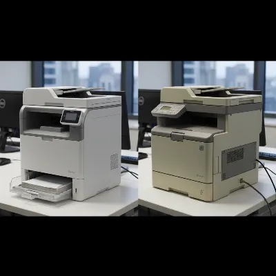 A side-by-side comparison of a sleek, modern laser printer and an older, bulkier model, illustrating technological advancement and design changes.