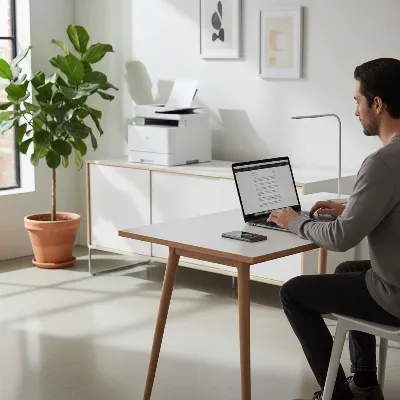 A person seamlessly printing from their Mac or iPhone to a wireless laser printer in a modern home office setting