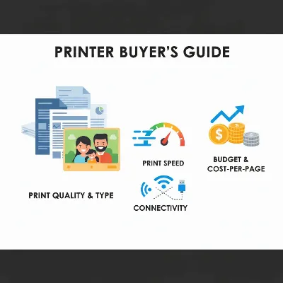 An illustrative image showing various factors to consider when buying a printer, such as a stack of documents for volume, a vibrant photo for quality, a dollar sign for budget, and Wi-Fi symbols for connectivity, all integrated into a cohesive, modern graphic.