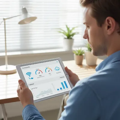 A person contemplating different laser printer features on a tablet screen, surrounded by small icons representing connectivity, speed, and duplex printing.