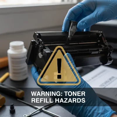 Hands wearing gloves holding a refilled toner cartridge with a warning symbol overlay.