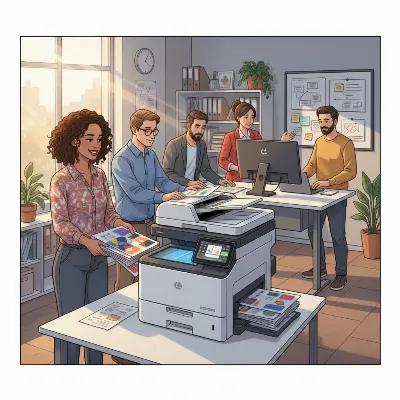 A small business team collaborating around a color laser MFP, showcasing efficient printing and scanning workflow