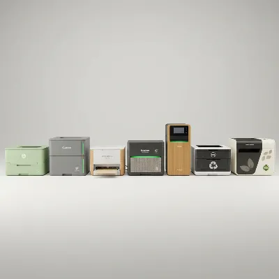 A line-up of diverse eco-friendly laser printers from different brands, showcasing modern design elements.